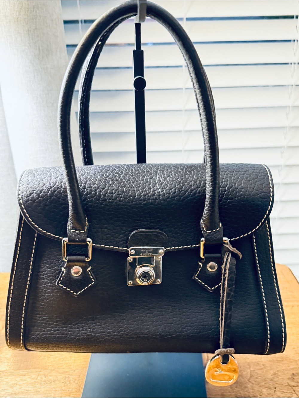 Vintage Dooney & Bourke Black Pebbled Leather Flap Satchel Bag with Lock & Key